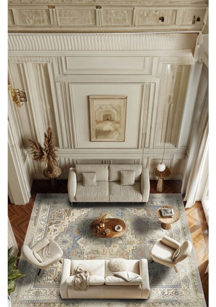 Soft Pastel Vintage Desenli Salon Halısı, Dokuma Taban Dekoratif Şönil Halı