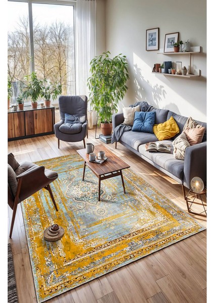 Altın Dokunuşlu Vintage Mavi Halı Göbekli Salon Halısı, Dokuma Taban Dekoratif Şönil Halı