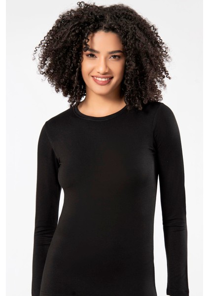 Siyah Kadın Süper Ince Doğal Bambu Lüks Uzun Kol T-Shirt 2314
