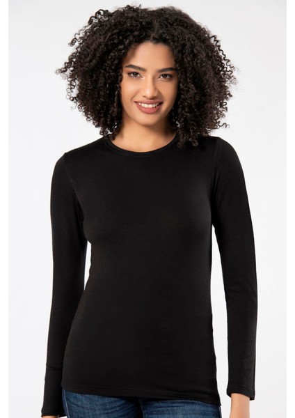 Siyah Kadın Süper Ince Doğal Bambu Lüks Uzun Kol T-Shirt 2314 modelleri