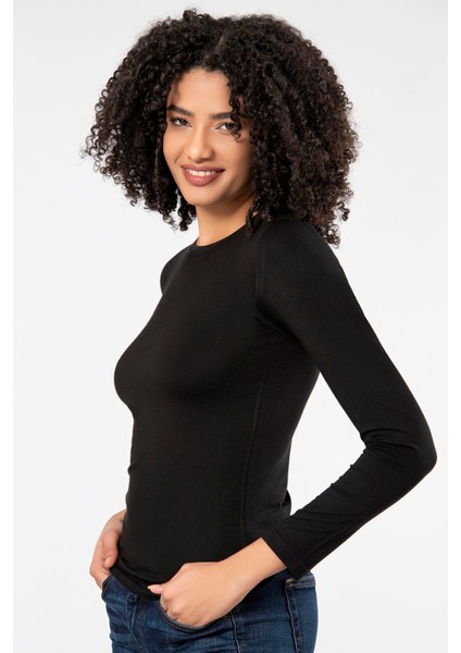 Siyah Kadın Süper Ince Doğal Bambu Lüks Uzun Kol T-Shirt 2314 fırsatları