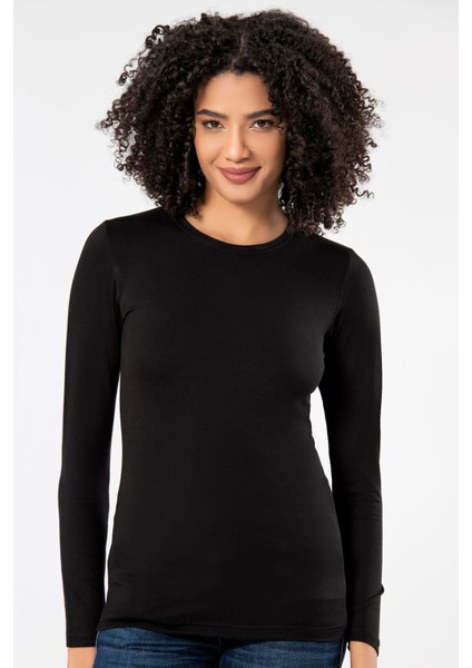 Siyah Kadın Süper Ince Doğal Bambu Lüks Uzun Kol T-Shirt 2314 indirimleri