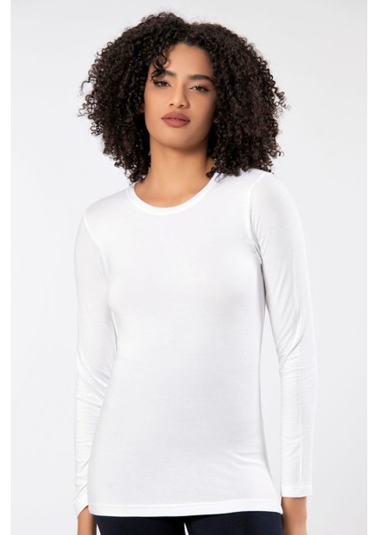 Beyaz Kadın Süper Ince Doğal Bambu Lüks Uzun Kol T-Shirt 2314