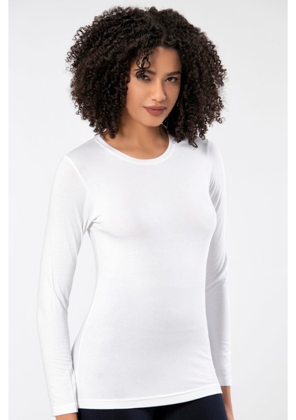 Beyaz Kadın Süper Ince Doğal Bambu Lüks Uzun Kol T-Shirt 2314 fırsatları