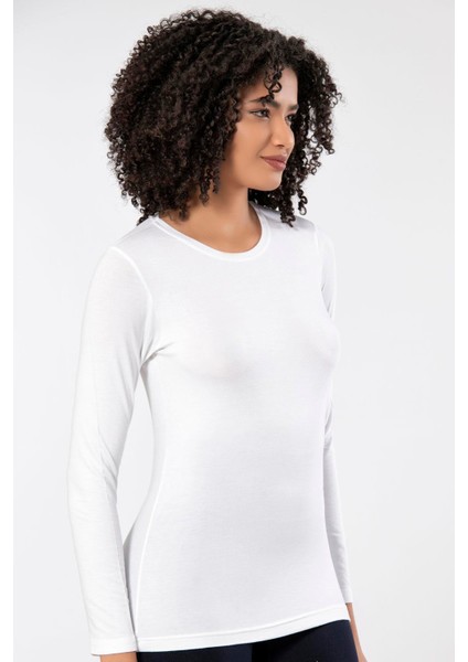 Beyaz Kadın Süper Ince Doğal Bambu Lüks Uzun Kol T-Shirt 2314 indirimleri