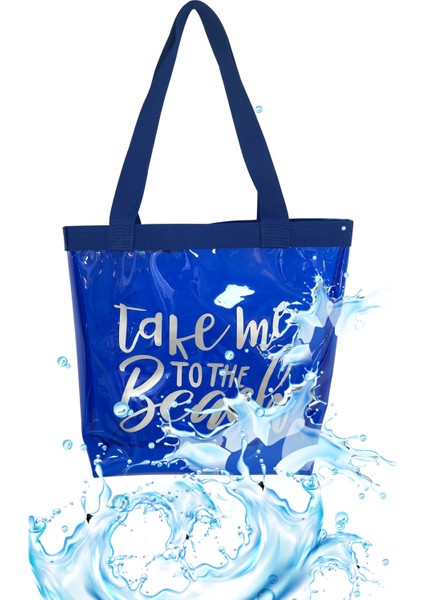 Kadın Take Me To The Beach Baskılı Şeffaf Mavi Pvc Plaj, Tatil , Kozmetik Çanta 42X37CM