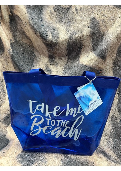 Kadın Take Me To The Beach Baskılı Şeffaf Mavi Pvc Plaj, Tatil , Kozmetik Çanta 42X37CM modelleri