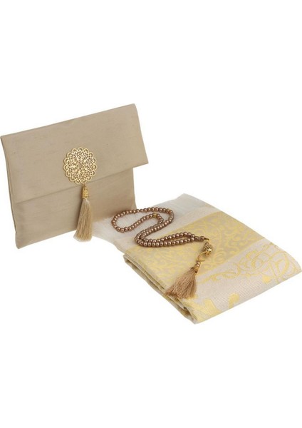 Şantuk Keseli Tafta Seccade ve Inci Vavlı Tesbih Set , Taşınabilir Namaz Seti, Hediye Seti