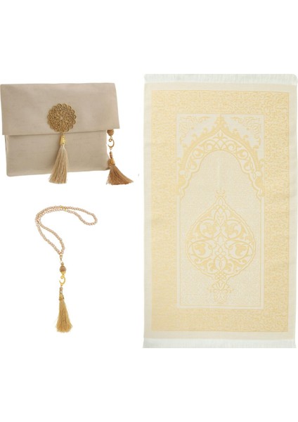 Şantuk Keseli Tafta Seccade ve Inci Vavlı Tesbih Set , Taşınabilir Namaz Seti, Hediye Seti modelleri