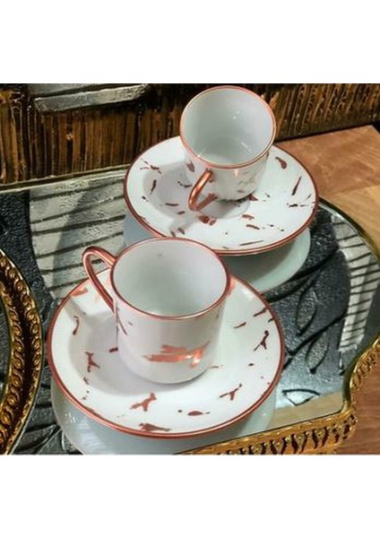 Porselen Bakır Mermer Desenli 6 Kişilik Kahve Fincan Takımı 75 cc