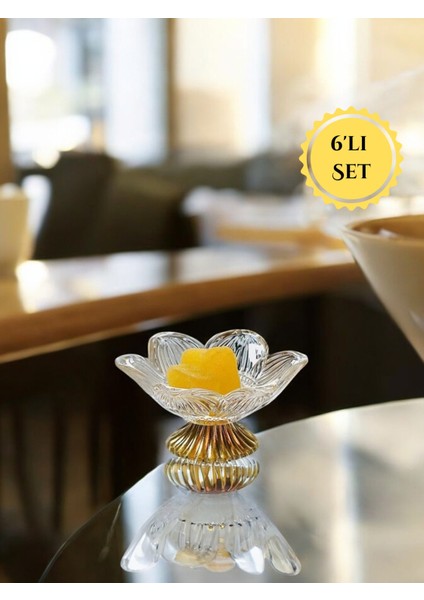 Gold Renk Ayaklı Lotus Çiçeği Cam Lokumluk Drajelik Seti – 6 Adet