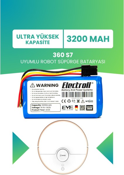 360 S7 Batarya (Ultra Yüksek Kapasite) 3200MAH Pil Akıllı Robot Süpürge Batarya Değişimi