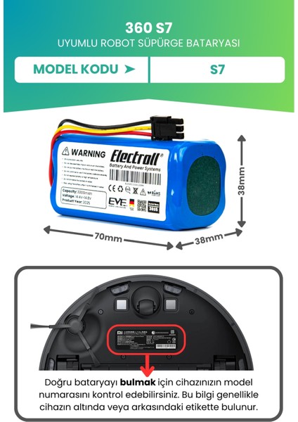 360 S7 Batarya (Ultra Yüksek Kapasite) 3200MAH Pil Akıllı Robot Süpürge Batarya Değişimi