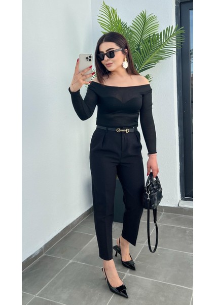 Siyah Paça Yırtmaçlı Crep Kumaş Klasik Pantolon