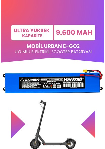Mobil Urban E-Go2 Batarya (Ultra Yüksek Kapasite) 36V 9.600MAH Pil Elektrikli Scooter Bataryası
