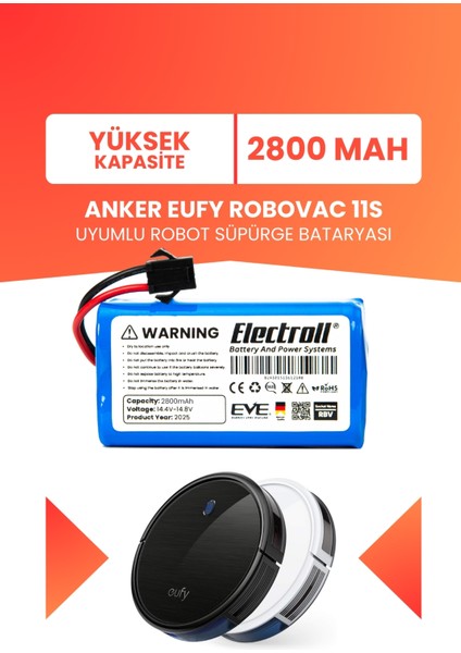 Anker Eufy Robovac 11S Batarya (Yüksek Kapasite) Naccon 14.4V 2800MAH Akıllı Robot Süpürge Pili