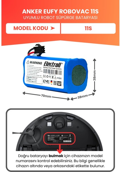 Anker Eufy Robovac 11S Batarya (Yüksek Kapasite) Naccon 14.4V 2800MAH Akıllı Robot Süpürge Pili