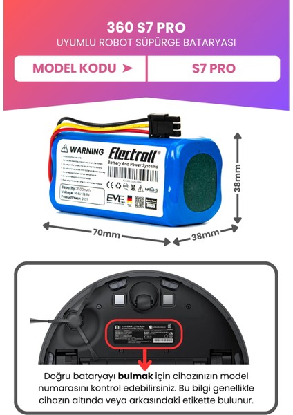 360 S7 Pro Batarya (Maksimum Kapasite) 3500MAH Pil Akıllı Robot Süpürge Batarya Değişimi