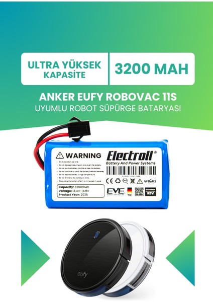 Anker Eufy Robovac 11S Batarya (Ultra Yüksek Kapasite) Naccon 14.4V 3200MAH Akıllı Robot Süpürge