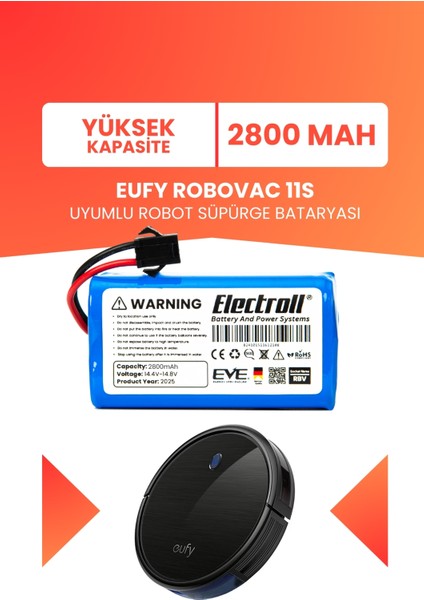 Eufy Robovac 11S Uyumlu Batarya (Yüksek Kapasite) 2800MAH Pil Robot Süpürge Batarya Değişimi