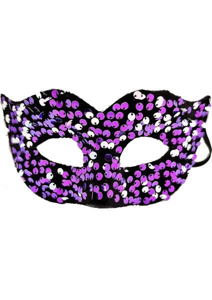Mor Renk Arkadan Lastikli Pul Payet Işlemeli Balo After Parti Maskesi modelleri