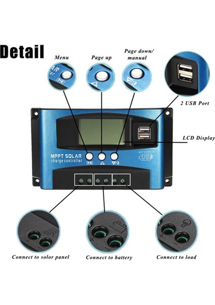 Güneş Kontrol Cihazı Mppt 60A Çift USB LCD Ekran 12V 24V Güneş Pili Paneli Şarj Regülatörü Yük ile (Yurt Dışından)