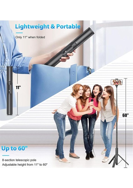 60 Inç Cep Telefonu Tripod ve Uzaktan Kumandalı Selfie Çubuğu, Cep Telefonları Için 4-7 Inç Taşınabilir Akıllı Telefon Tripod Tutucu (Yurt Dışından)