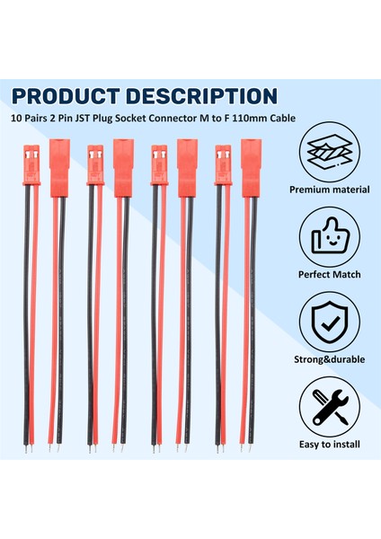 10 Çift 2 Pinli Jst Fiş Soket Konnektörü M'den F'ye 110MM Kablo Tel Kırmızı Siyah (Yurt Dışından) fırsatları