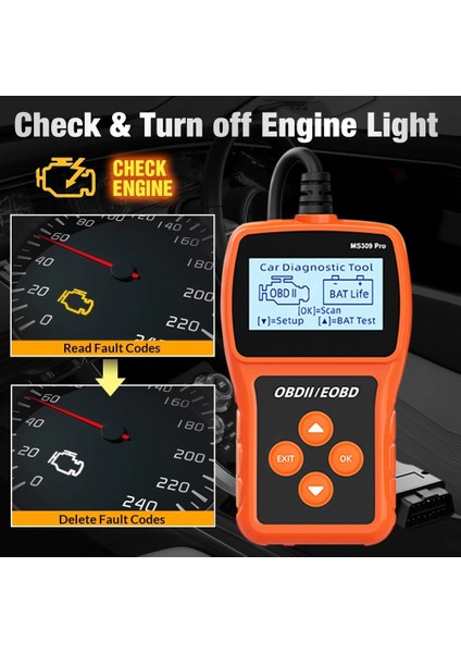 MS309PRO Obd2 Tarayıcı Tanılama Aracı Akü Araba Arıza Kodu Okuyucu Motor Test Cihazı Analiz Cihazı 2.4 Inç LCD Ekranlı (Yurt Dışından) indirimleri