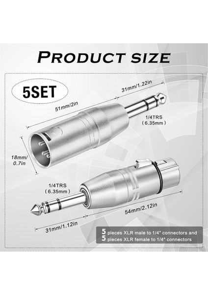 10 Paket Xlr Adaptörü, 5 Adet Erkek - Xlr Erkek Adaptörü ve 5 Adet Erkek - Xlr Dişi Adaptörü, 1/4 Inç Trs - Xlr Konnektörü (Yurt Dışından)