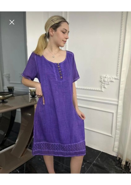Antik Dokuma Mor Dantel Detaylı Organik Pamuk Elbise