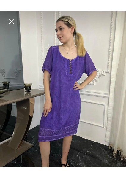 Antik Dokuma Mor Dantel Detaylı Organik Pamuk Elbise fiyatları