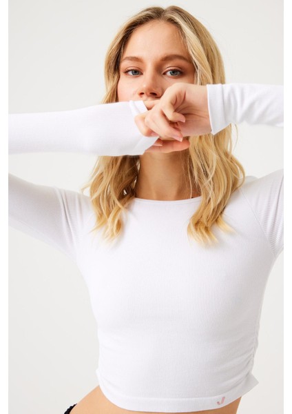 Aura Uzun Kol Büzgülü Tshirt Beyaz