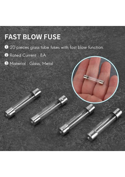 20 Adet Hızlı Darbe Cam Tüp Sigorta 8A 8 Amper 250V 6mm x 30MM (Yurt Dışından)