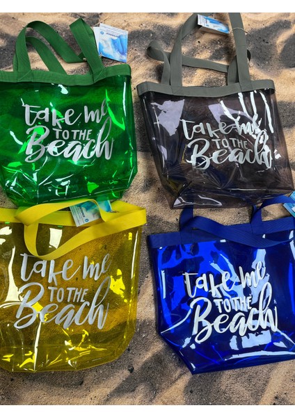 Kadın Take Me To The Beach Baskılı Şeffaf Mavi Pvc Plaj, Tatil , Kozmetik Çanta 42X37CM