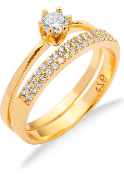 925 Ayar Gümüş Yarım Tur Alyans Tek Taş Yüzük Kombini