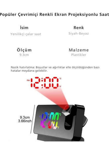 Aynalı Projeksiyon Saat Renkli Ekran Çalar Saat,takvim,sıcaklık 180°DÖNEBILEN Yansıtmalı