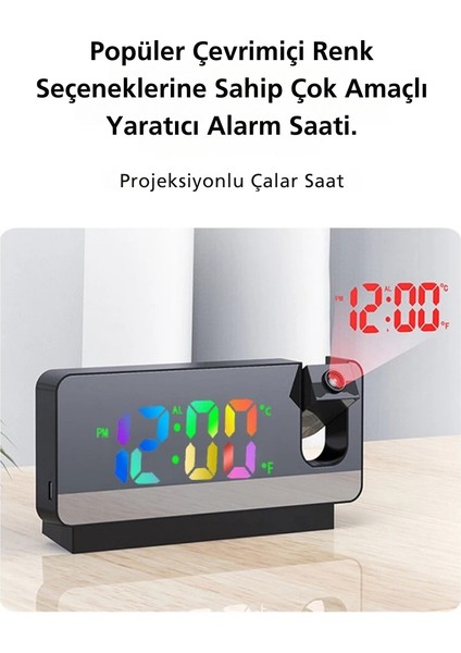 Aynalı Projeksiyon Saat Renkli Ekran Çalar Saat,takvim,sıcaklık 180°DÖNEBILEN Yansıtmalı