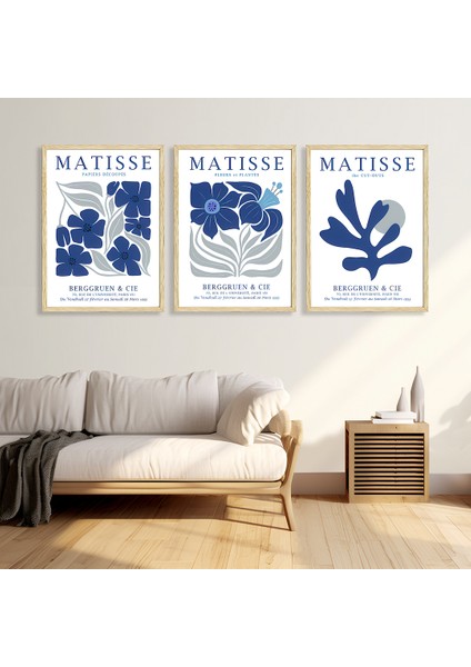 Matisse Lacivert Çiçekli 3'lü Tablo Seti, Matisse Tablo, Salon Tablosu