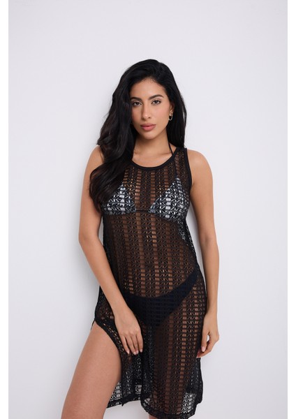 Dantel Detay Askılı Siyah Elbise