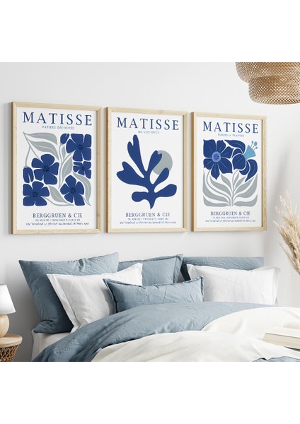 Matisse Lacivert Çiçekli 3'lü Tablo Seti, Matisse Tablo, Salon Tablosu