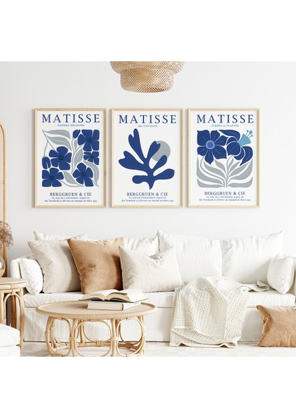 Matisse Lacivert Çiçekli 3'lü Tablo Seti, Matisse Tablo, Salon Tablosu