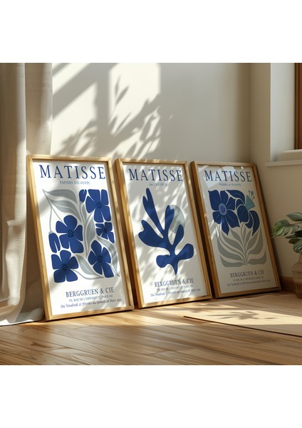 Matisse Lacivert Çiçekli 3'lü Tablo Seti, Matisse Tablo, Salon Tablosu