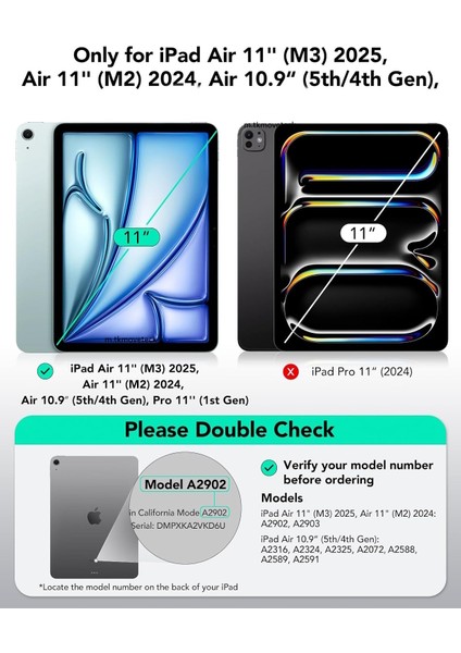 Apple iPad Air 11 2025 Uyumlu Kılıf Magnetik Pen Charge Kalem Bölmeli Ayrılabilen Akıllı Uyku Modlu Şeffaf Kapak M3 Uyumlu