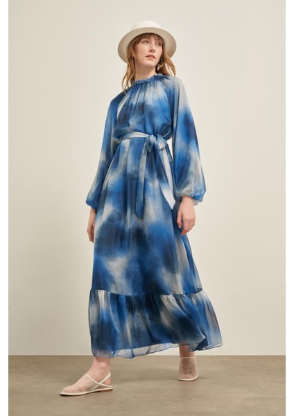 Kadın İpek Saten Elbise İndigo 31039