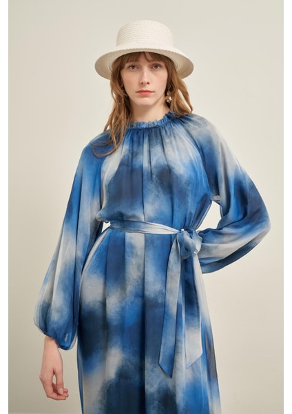 Kadın İpek Saten Elbise İndigo 31039