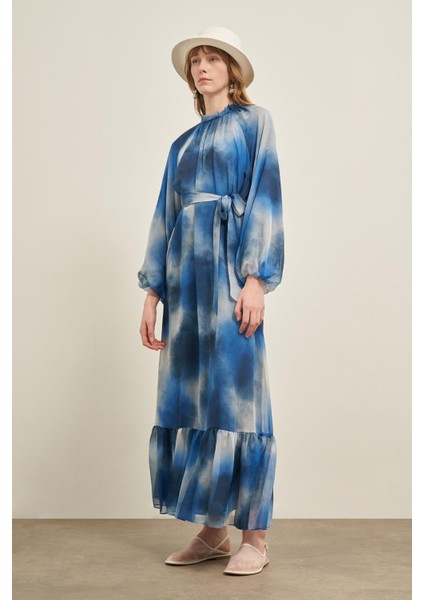 Kadın İpek Saten Elbise İndigo 31039