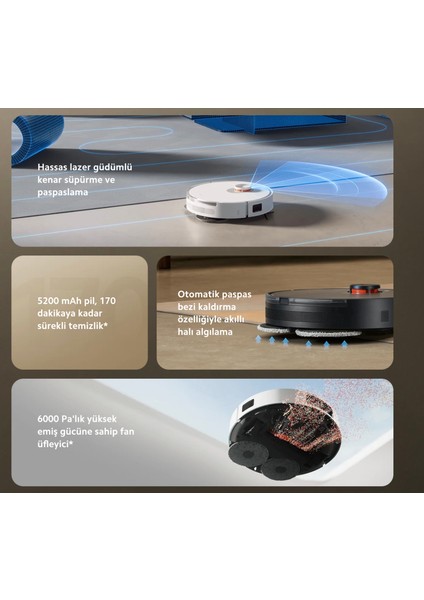 Premium Robot Süpürge - 6000 Pa Emiş Gücü, Akıllı Navigasyon Ve Otomatik Çöp Boşaltma Ile Derin Temizlik - Kendini Temizleme - Onerous Lambader Hediye fiyatları