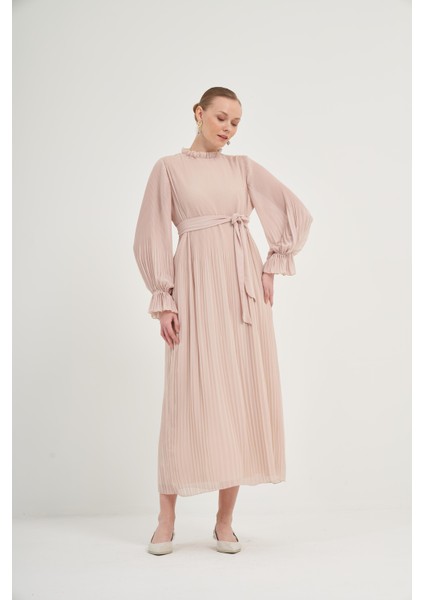 Kadın Plise Şifon Elbise Beige 31019