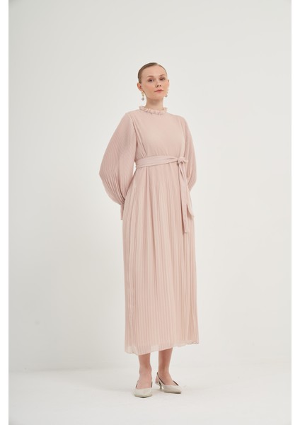 Kadın Plise Şifon Elbise Beige 31019 modelleri
